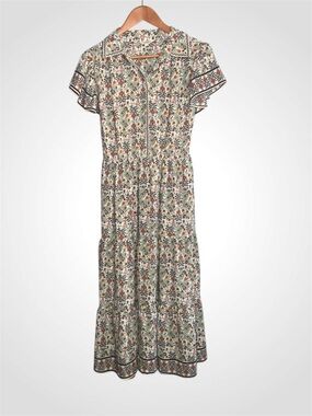 Max Studio Floral Midi Short Sleeve Dress in Sage, Rust, and Cream  - Large